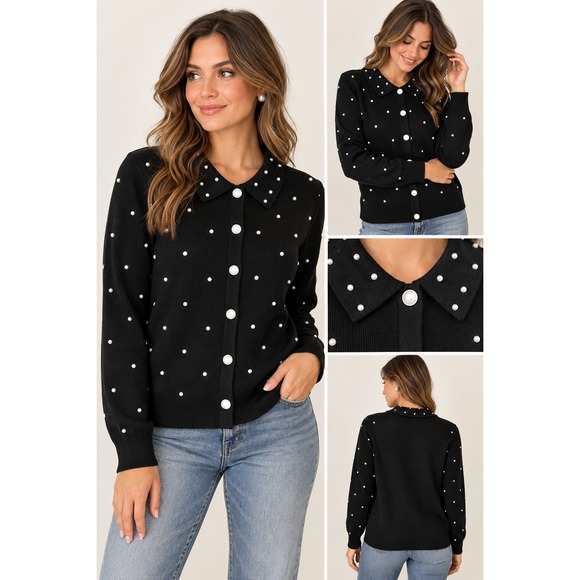 Sioni Sweaters - Black Pearl Cardigan XL Embellished Collared Knit Sweater Coquette Preppy NWOT